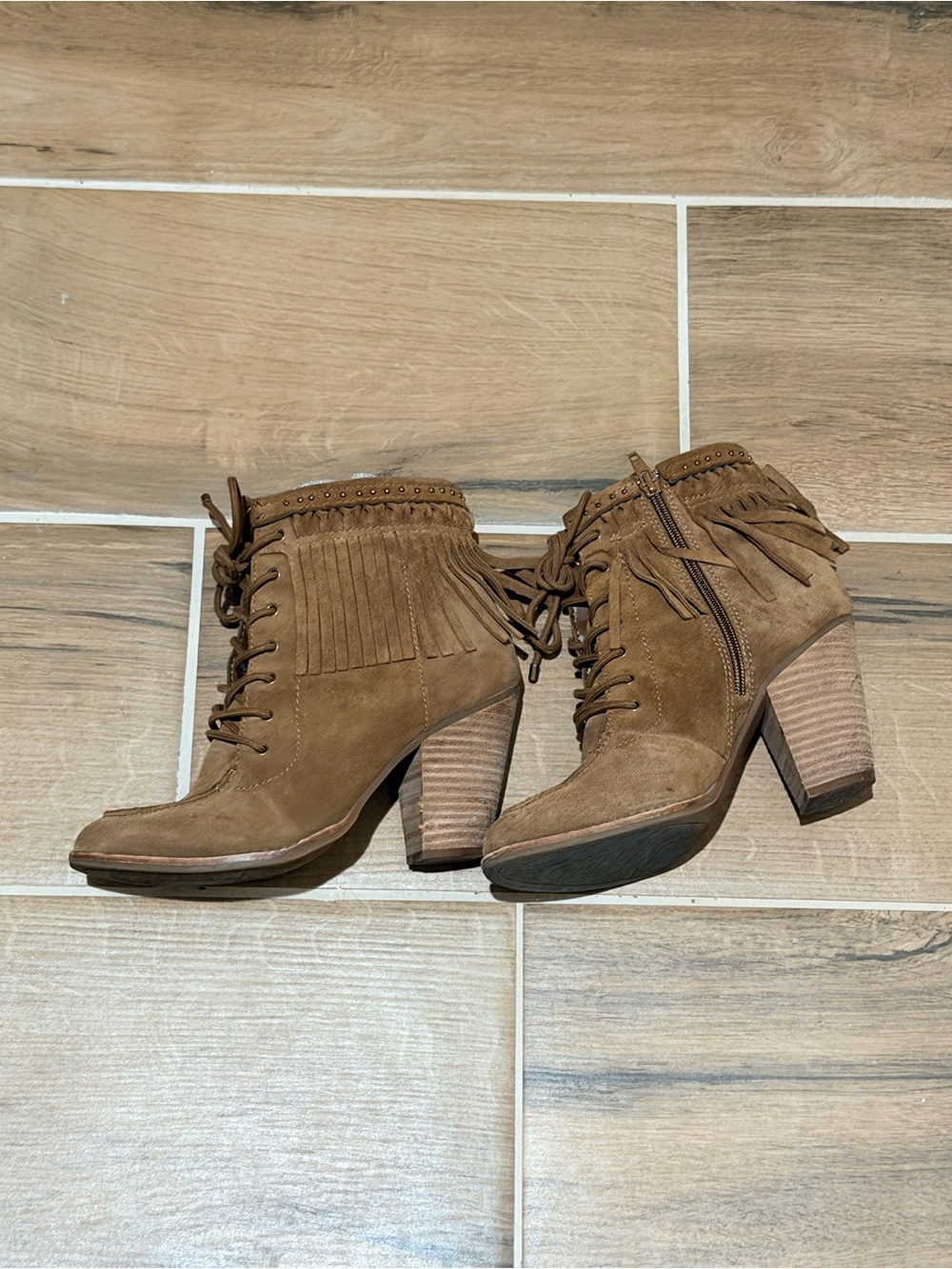 Gianni Bini Tan Suede Fringe Lace-Up Ankle Boots